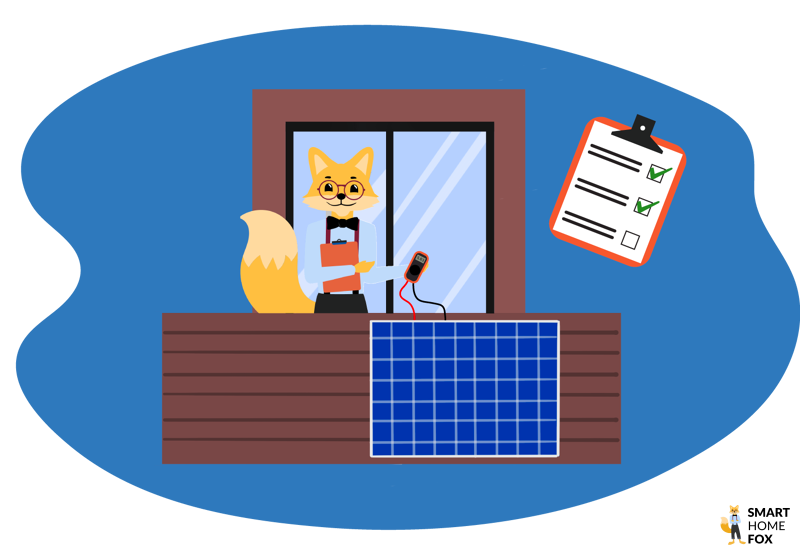Smart Home Fox auf dem Balkon mit einer Checkliste